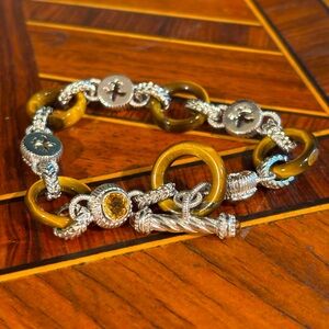 Authentic Judith Ripka Sterling Silver Tigers Eye & Citrine Gems Toggle Bracelet